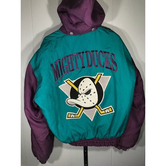 VTG 90s NHL Nutmeg Campri Anaheim Mighty Ducks Pullover Hockey Hoode Jacket Sz M - Picture 1 of 6